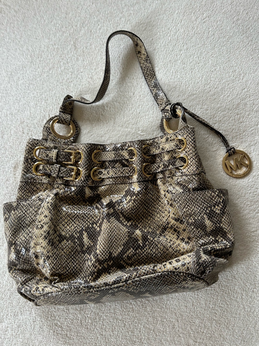 Michael Kors Snake-Print Shoulder Bag in Beige and Black with Gold Hardware